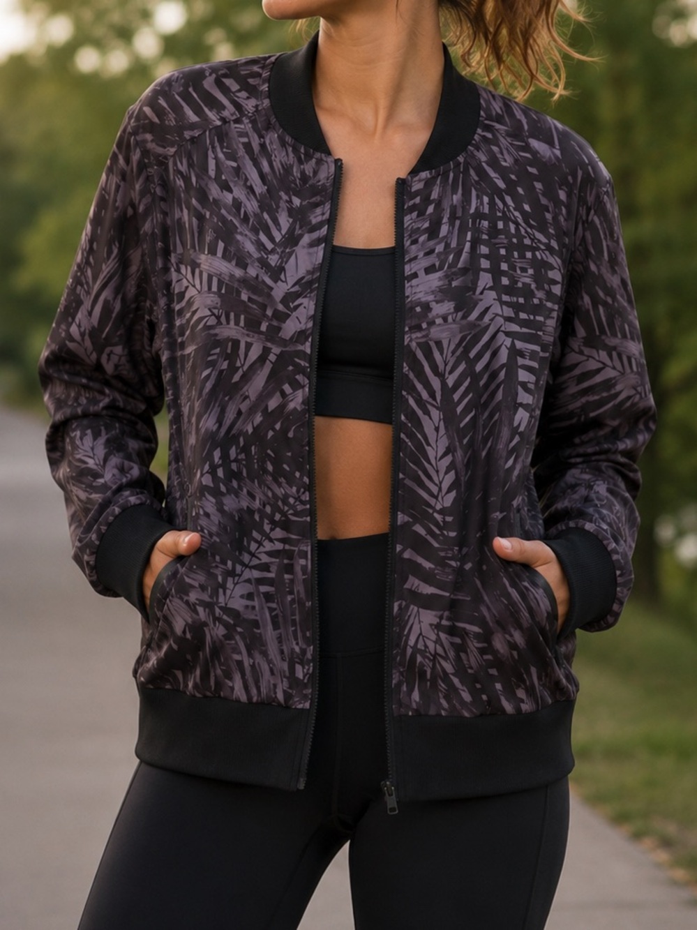Lole Black Gray Palm Patterned Bomber Style Lightweight Running Jacket Athletic